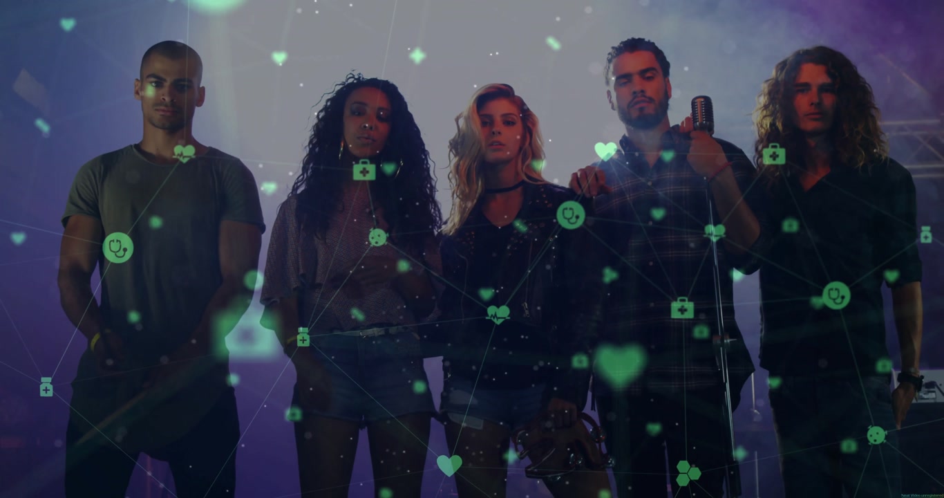 Five collaborators reacting to health data visualization as green icons forming grid in purple haze