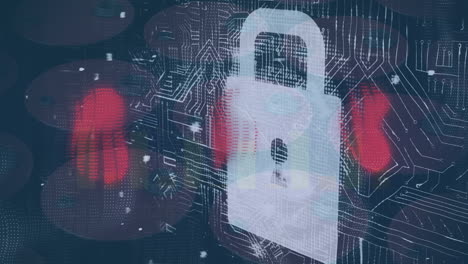 animation of padlock and data processing over computer circuit board