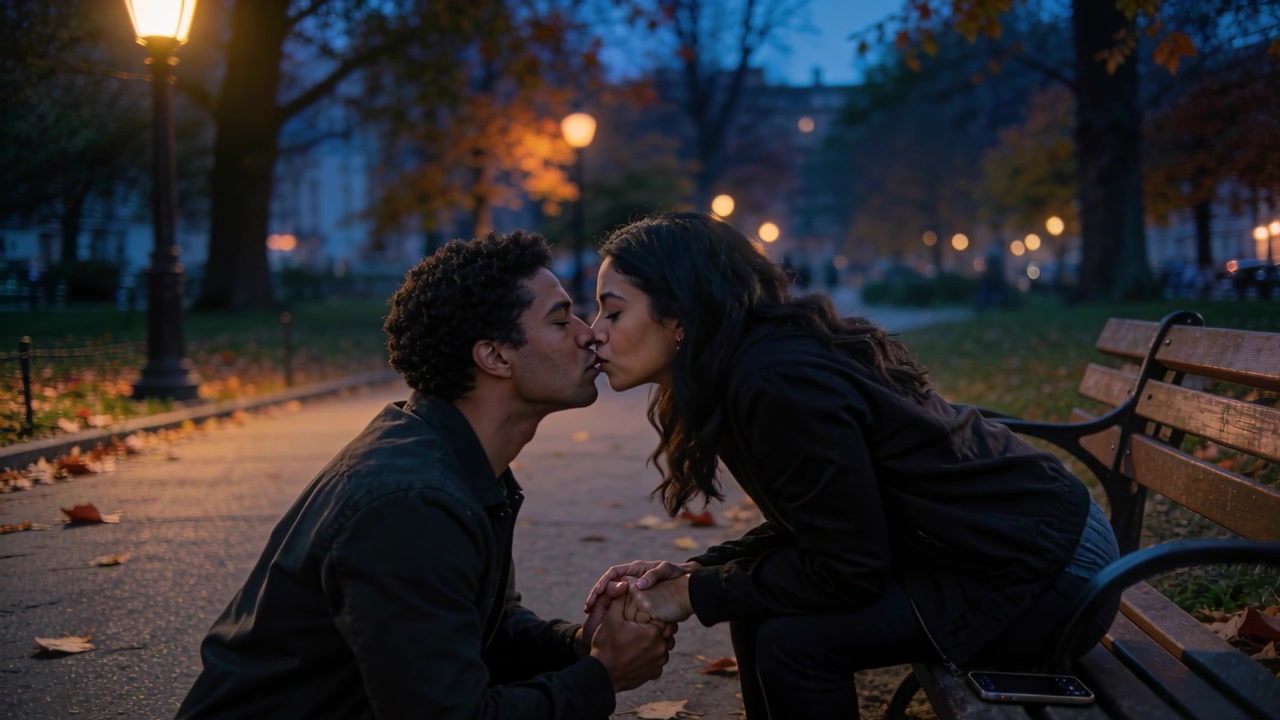 Kneeling man holding her hands, leaning in and kissing on park path trying to reconcile, smartphone