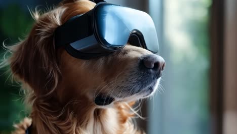 a dog wearing a pair of virtual reality glasses looking out a window