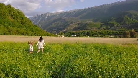 morning walk through flowery meadow in the valley