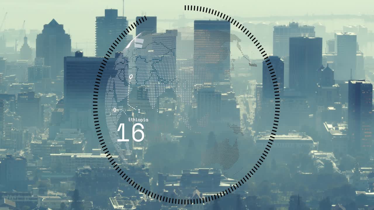 Map appearing, dotted globe rotating, counter rising then falling, showing South America, Ethiopia