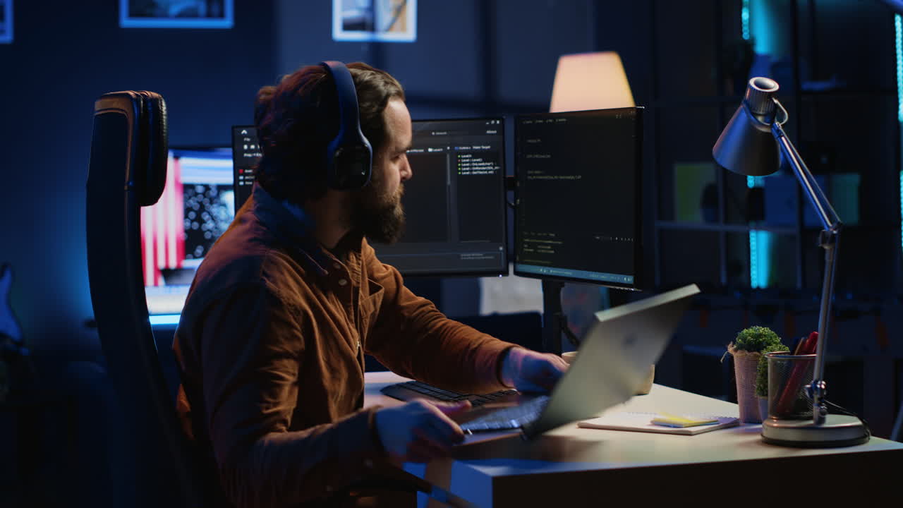 Programmer does multitasking, drinks coffee, listens music