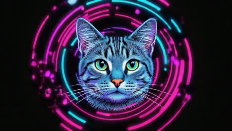 neon cyberpunk cat head with abstract glowing rings