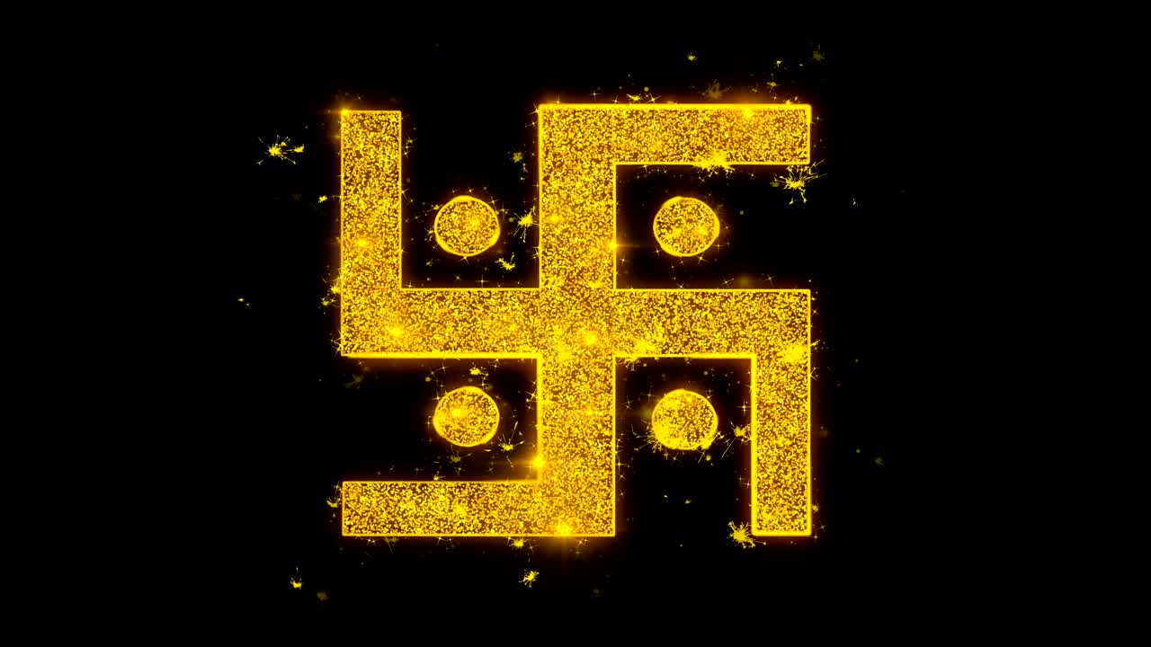 el icono de la esvástica hindú hace chispas en el fondo negro.