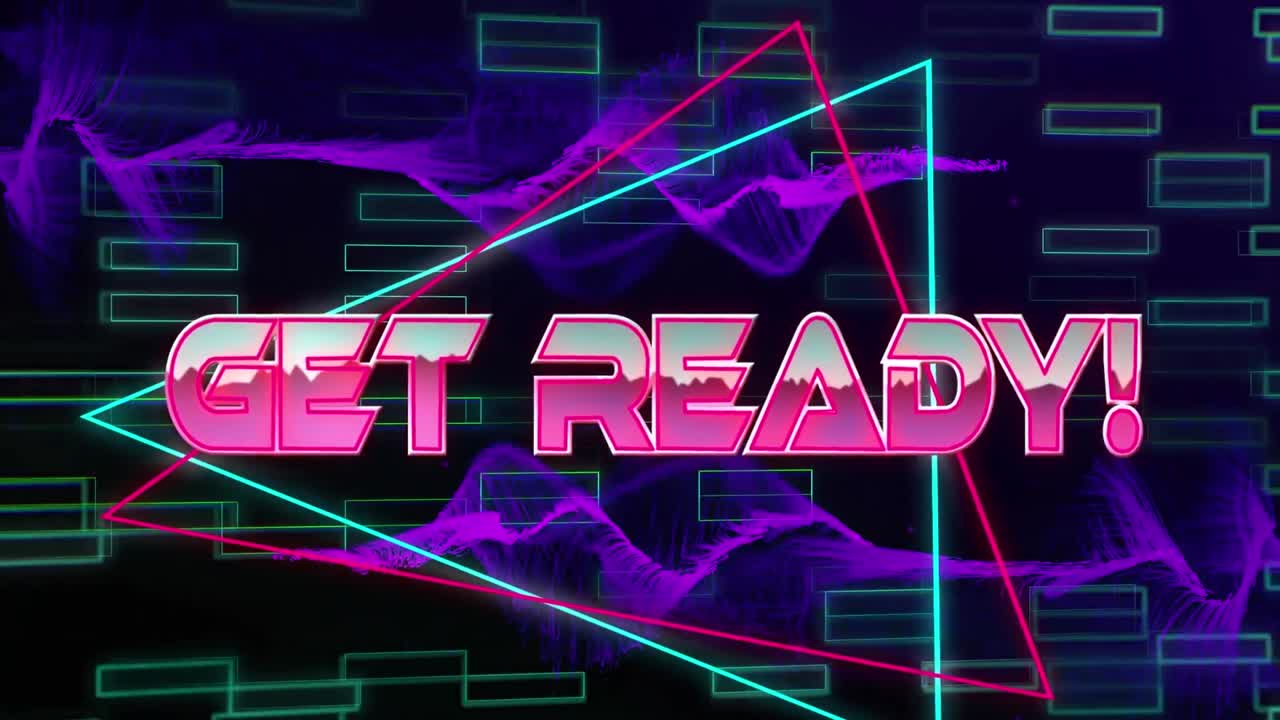 animación de banner de texto listo y ondas digitales púrpuras sobre formas de neón en un patrón sin costuras.