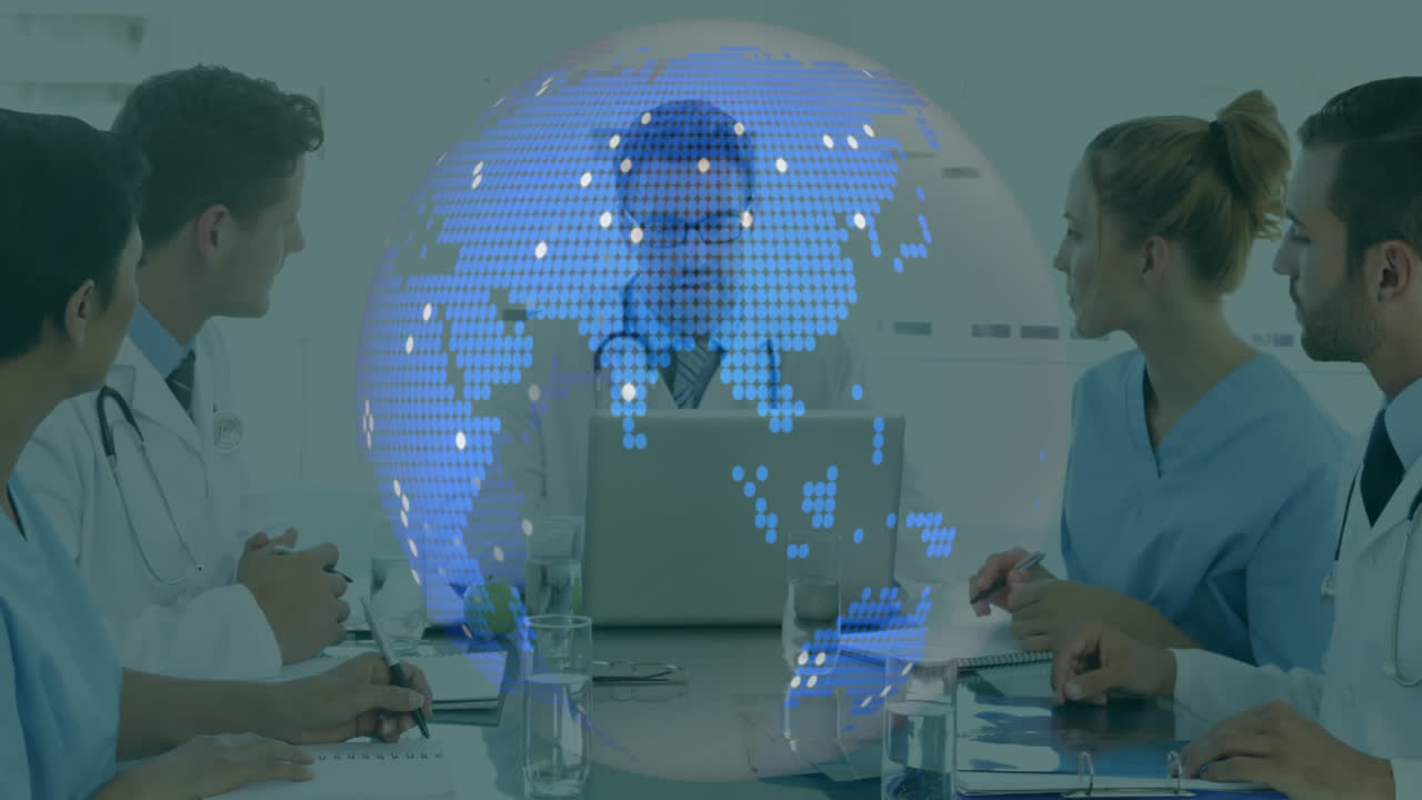 Meeting in hospital, doctors discussing with digital globe animation overhead