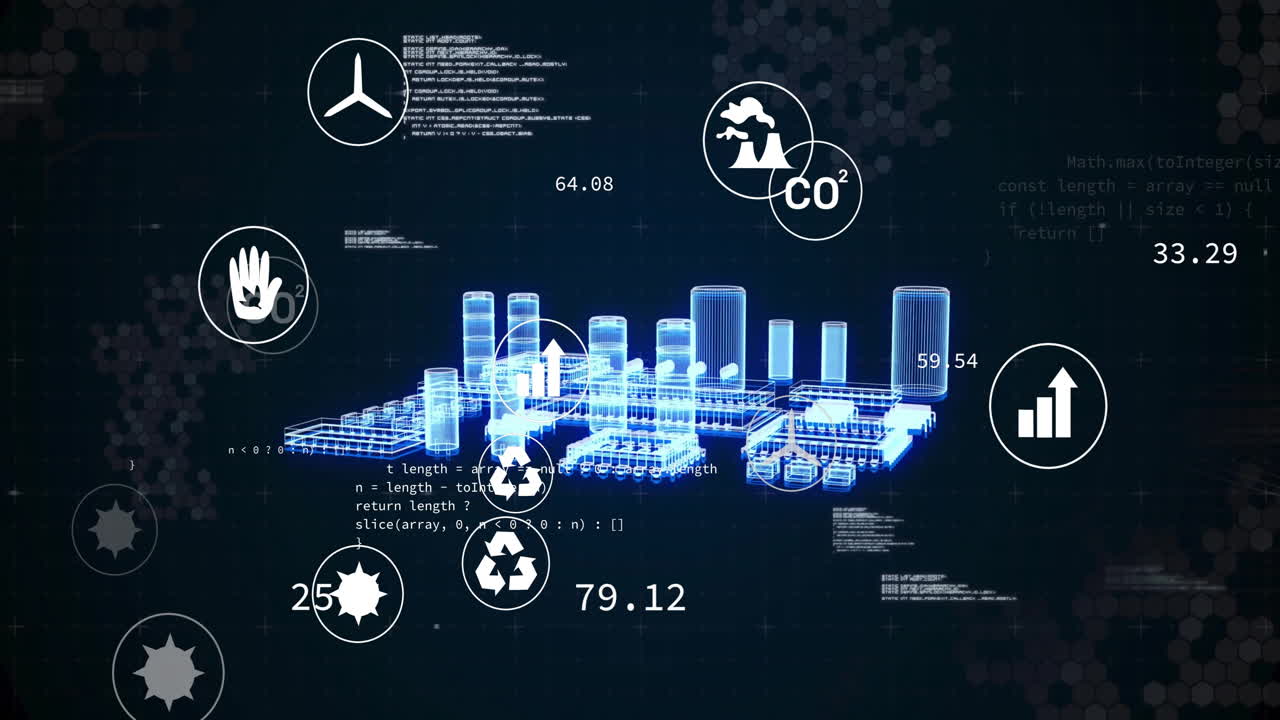 Digital cityscape with environmental icons and data processing animation overlay