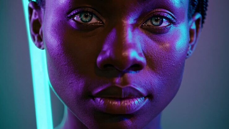 Close-up Portrait of a Woman with Neon Lighting