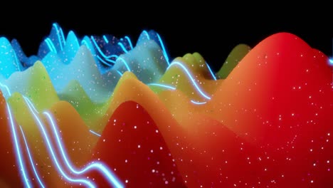 superficie 3d abstracta con hermosas olas, chispas luminosas y gradiente de color brillante, colores del arco iris. las olas corren en superficie mate con brillo brillante y líneas de brillo. animación en bucle 4k