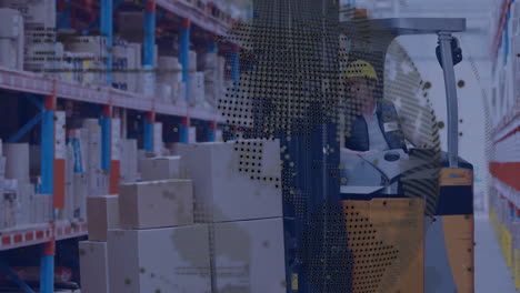 animación del globo y procesamiento de datos digitales sobre hombre caucásico en carretilla elevadora trabajando en un almacén