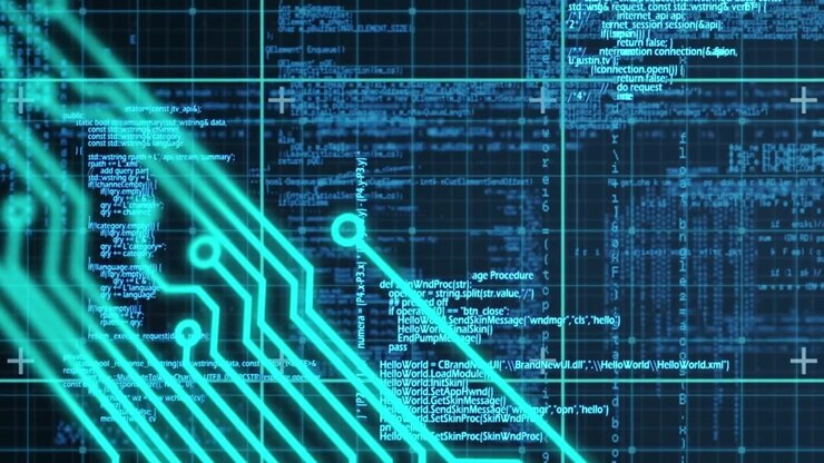 Digital animation of neon microprocessor connections grid network on blue background
