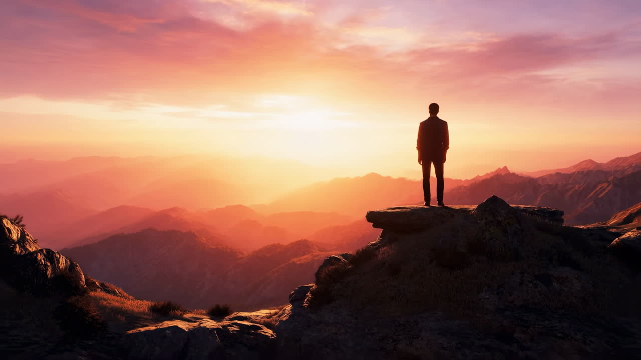 Silhouette di un uomo sulla cima di una montagna all'alba con un orizzonte luminoso. Un escursionista solitario osserva vaste catene montuose.