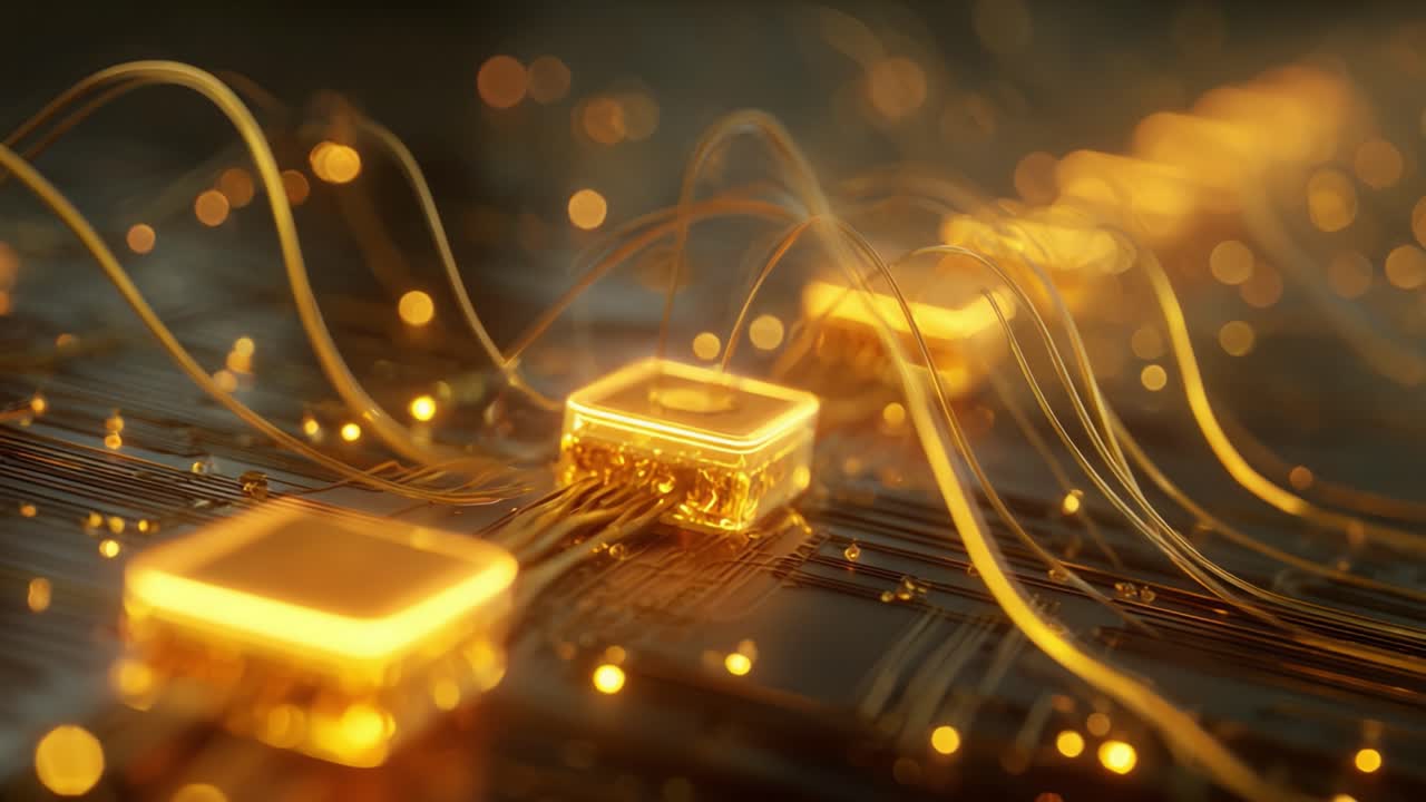Macro view of a futuristic central processor unit with glowing golden light, processing and transmitting digital data through a complex network of wires on a circuit board with bokeh effect