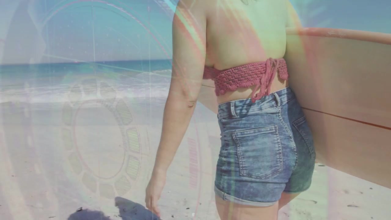 Travel clip showing sunlight urging woman with board walking seaward graphics flashing seeking surf