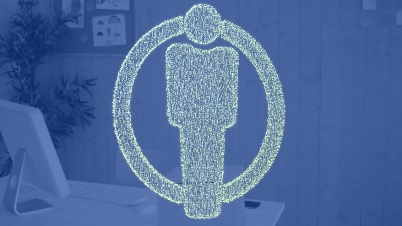 사무실에서 컴퓨터를 통해 사람들의 아이콘과 범위의 애니메이션