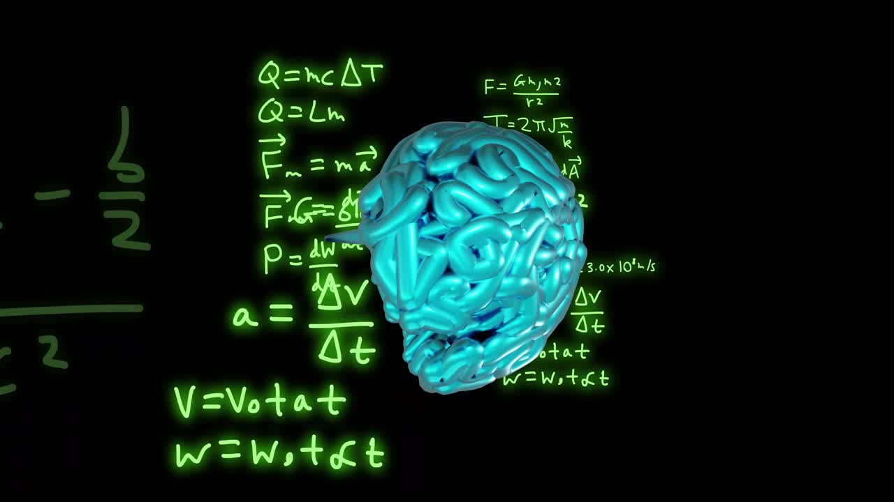 Animation of brain and scientific data processing over black background