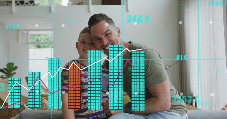 Dad placing hand on son's shoulder on sofa, starting finance charts with rising bars and numbers