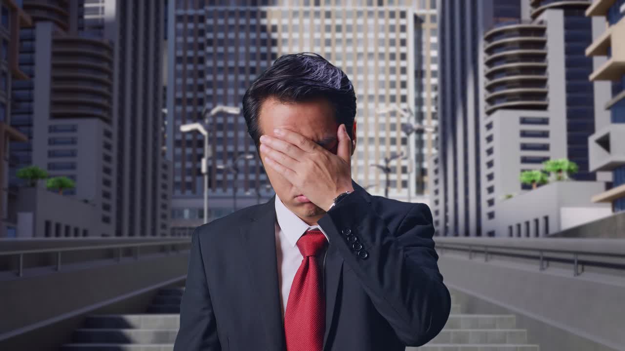 도시에서 서있는 동안 피곤한 아시아 사업가