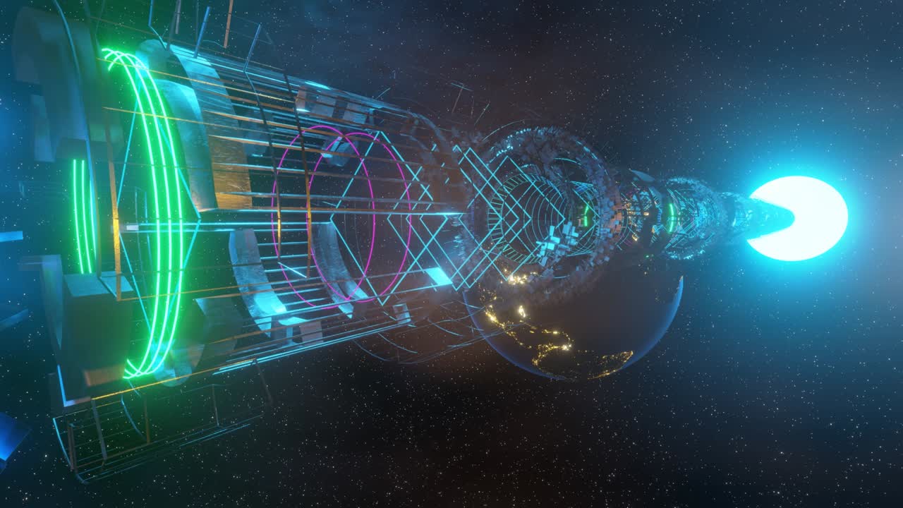 Futuristic technology space tunnel, sci-fi corridor. Cinematic camera move.