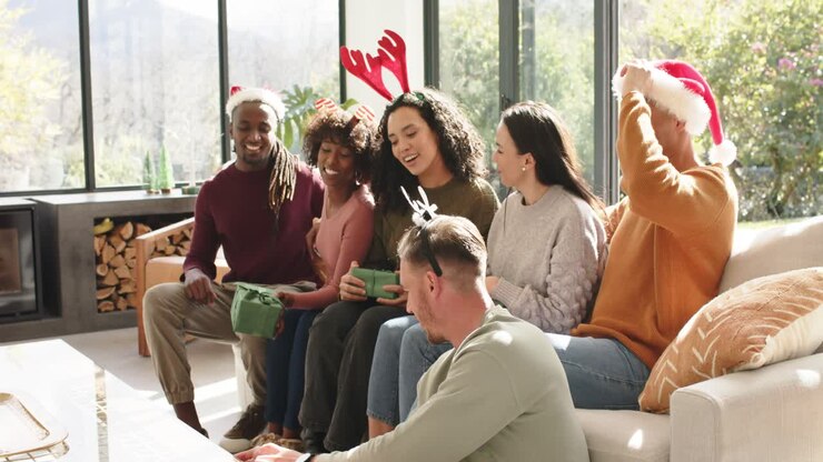 Diverse friends raising phone, snapping selfies on sofa then unwrapping gifts revealing contents