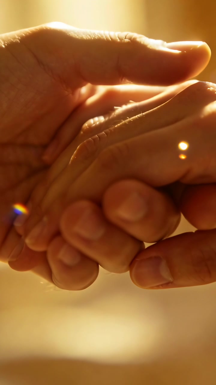 Vidéo verticale : Une main posée sur l'autre près d'une fenêtre chaleureuse, offrant du réconfort avec une bague et un reflet lumineux.