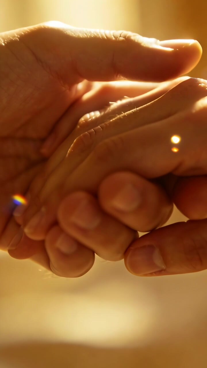 Vidéo verticale : Une main posée sur l'autre près d'une fenêtre chaleureuse, offrant du réconfort avec une bague et un reflet lumineux.