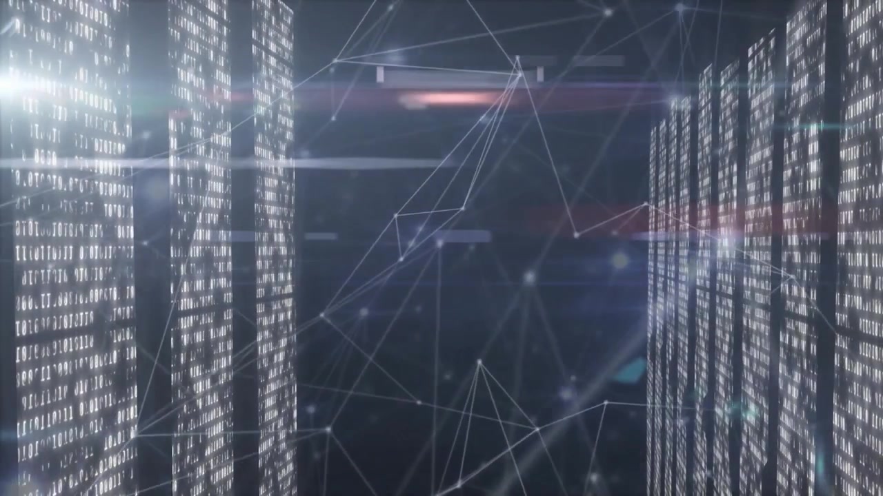 Scrolling numeric panels initiating network forming, lines branching into 3D mesh showing data flow