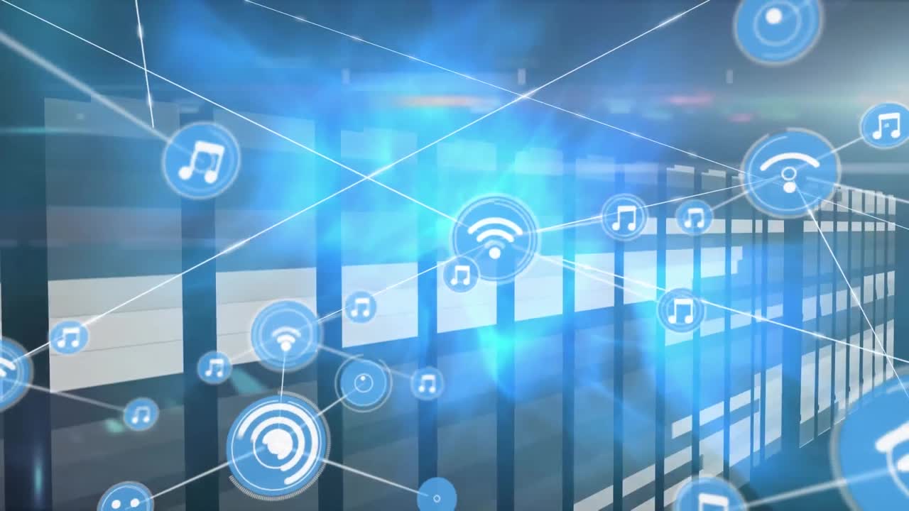 Animation of network of connections with icons over moving columns