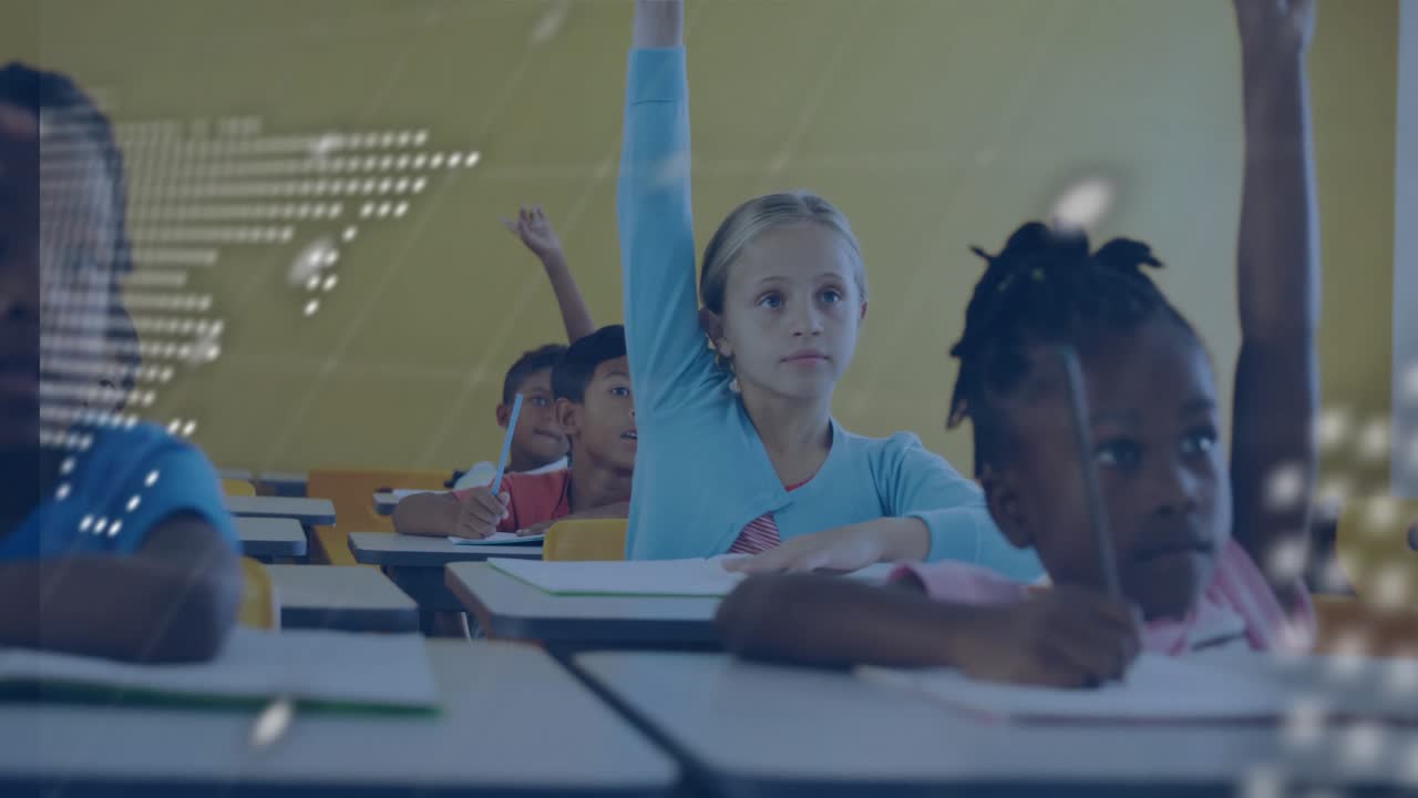 Six classmates sitting in class noticing world map and code overlays, raising hands for tech lesson