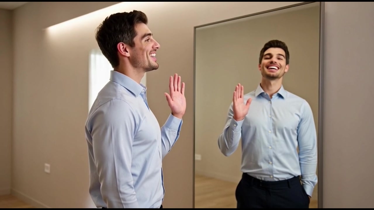 Giovane uomo che si guarda allo specchio e sorride
