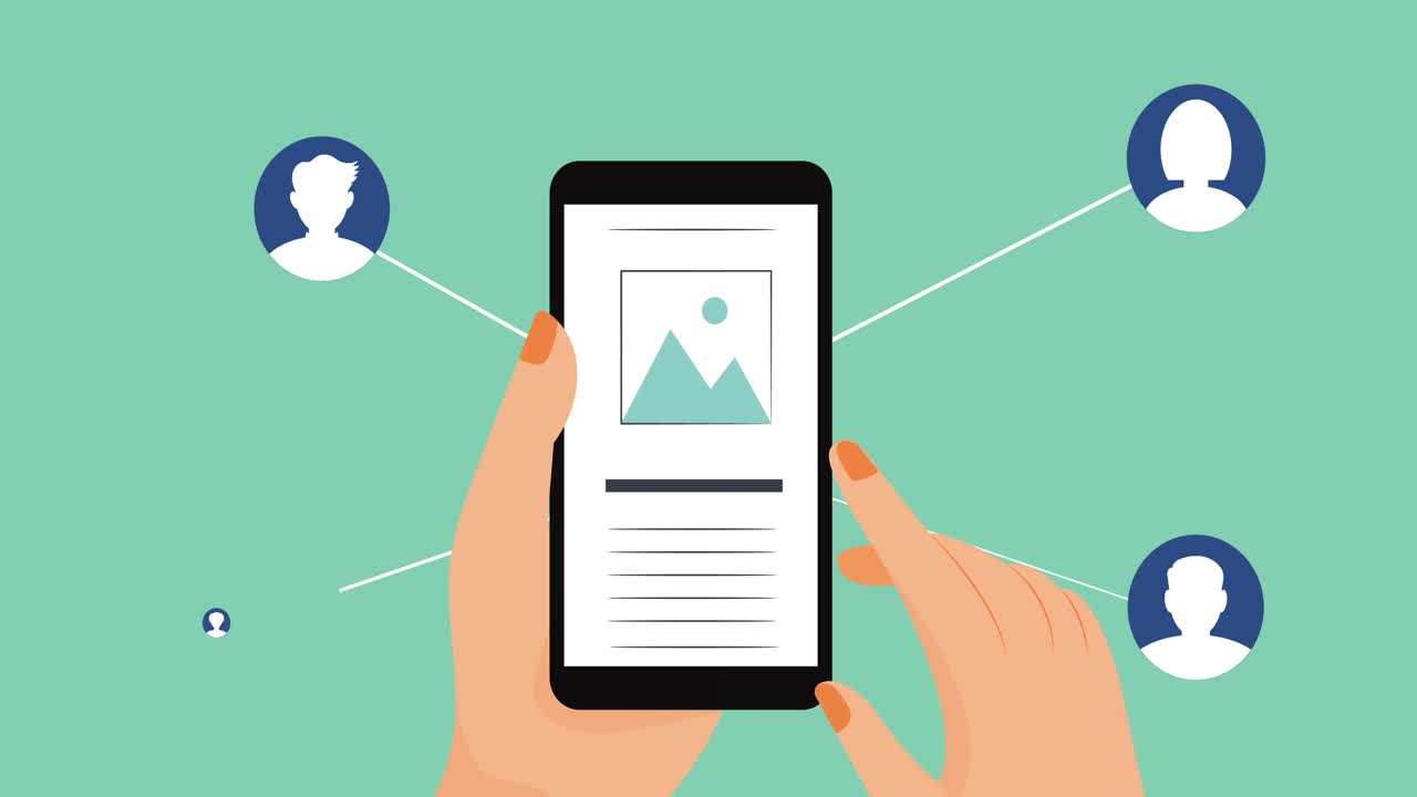 animación de una persona que usa un teléfono inteligente y iconos de redes de personas