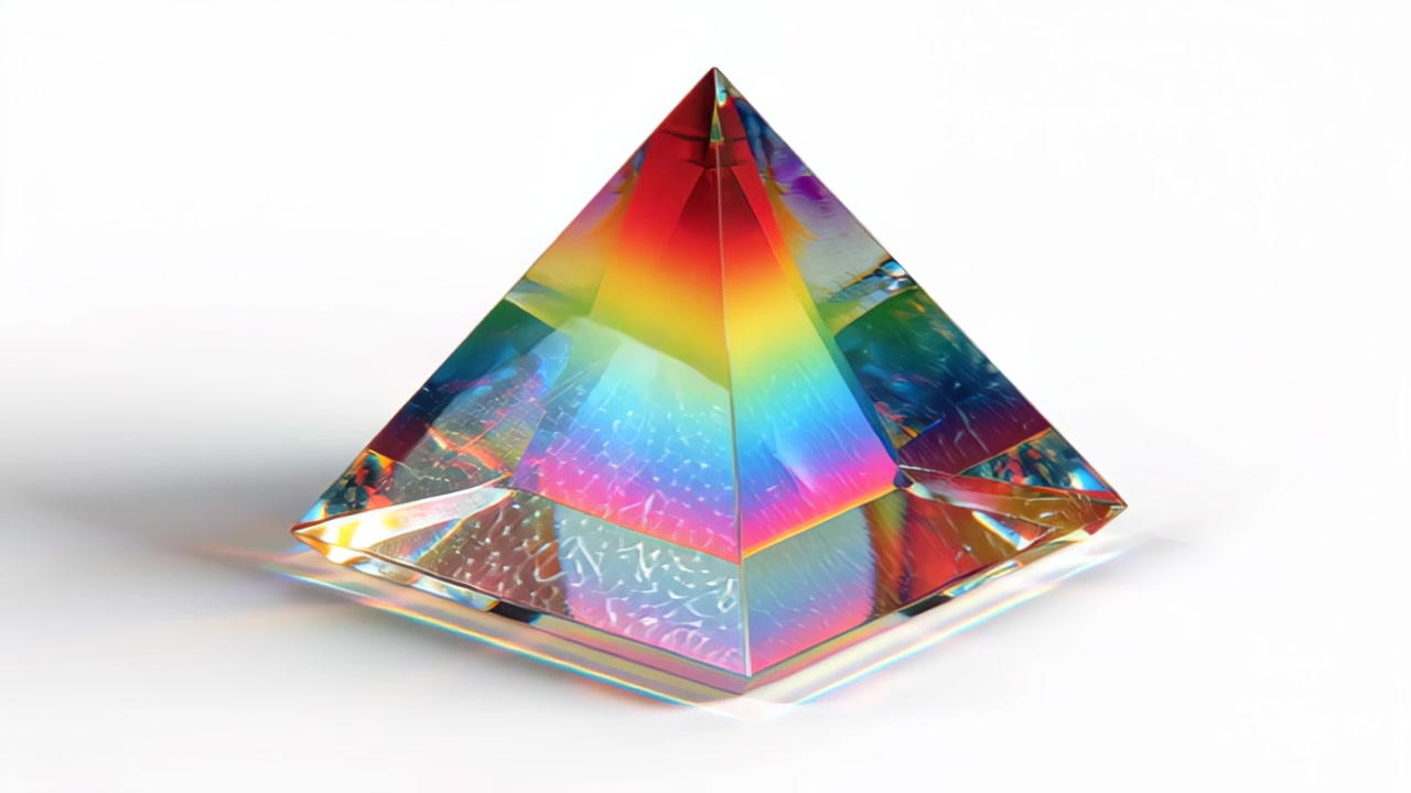 Prisma piramidale di cristallo astratto con rifrazione dello spettro arcobaleno e riflessi di luce caustica su sfondo bianco pulito, design moderno e minimale per elementi visivi scientifici e tecnologici.