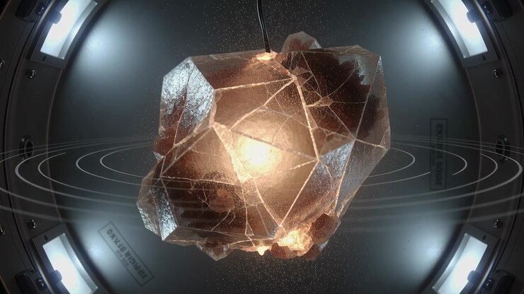 Glowing Geometric Crystal Suspended in Futuristic Laboratory Chamber