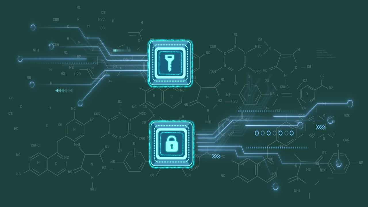 Animation of key and padlock icons over chemical formula on green background