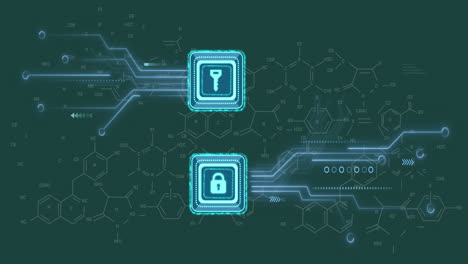 Animation-of-key-and-padlock-icons-over-chemical-formula-on-green-background