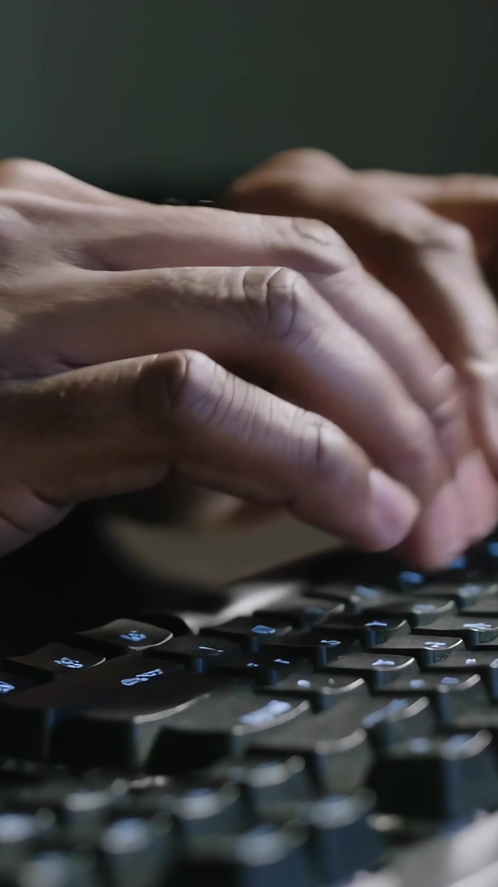 Vertical video: Typing hands poised above backlit keyboard and pressing keys at desk for work