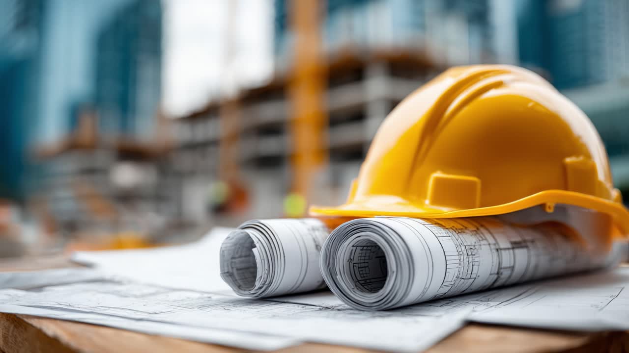 Construction Safety Gear and Architectural Plans: A Close-Up on a Hard Hat and Blueprints on a Worksite in Progress