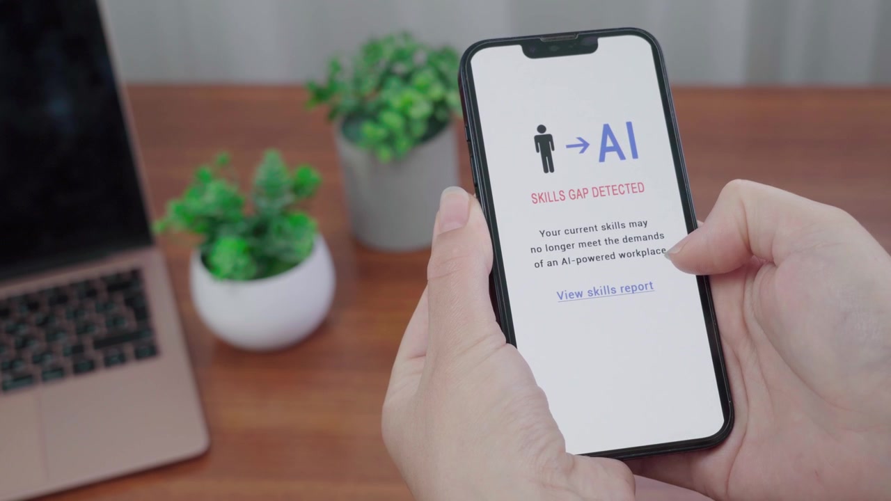 Un utente tiene uno smartphone che mostra un avviso di IA che le sue competenze potrebbero non soddisfare più le esigenze di un ambiente di lavoro basato sull'IA.