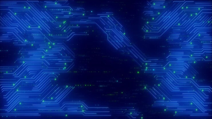 Scheda di circuito digitale blu luminosa, con linee al neon che trasferiscono dati e formano percorsi tecnologici dinamici.