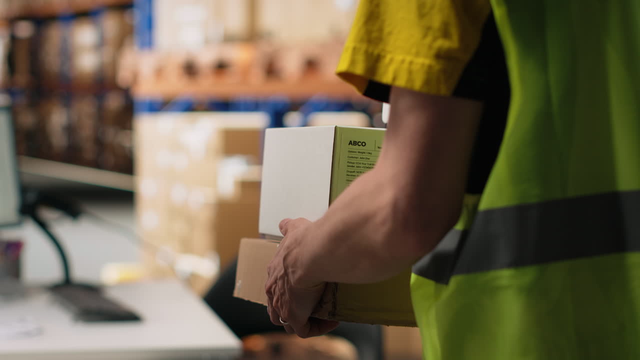 Vertical Video Asian employee using scanner to register shipping labels on cardboard boxes