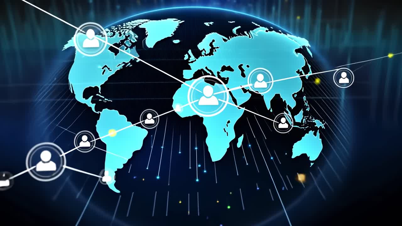 Global network concept with a digital style, showing interconnected user icons over a world map