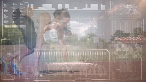 Animation-of-data-processing-on-digital-interface-over-woman-running-on-sports-track