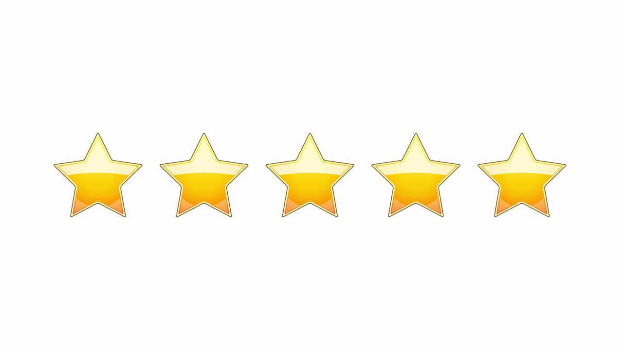 Animated five star rating on a white background. 5 stars for rating the quality of your product or service. Motion graphic