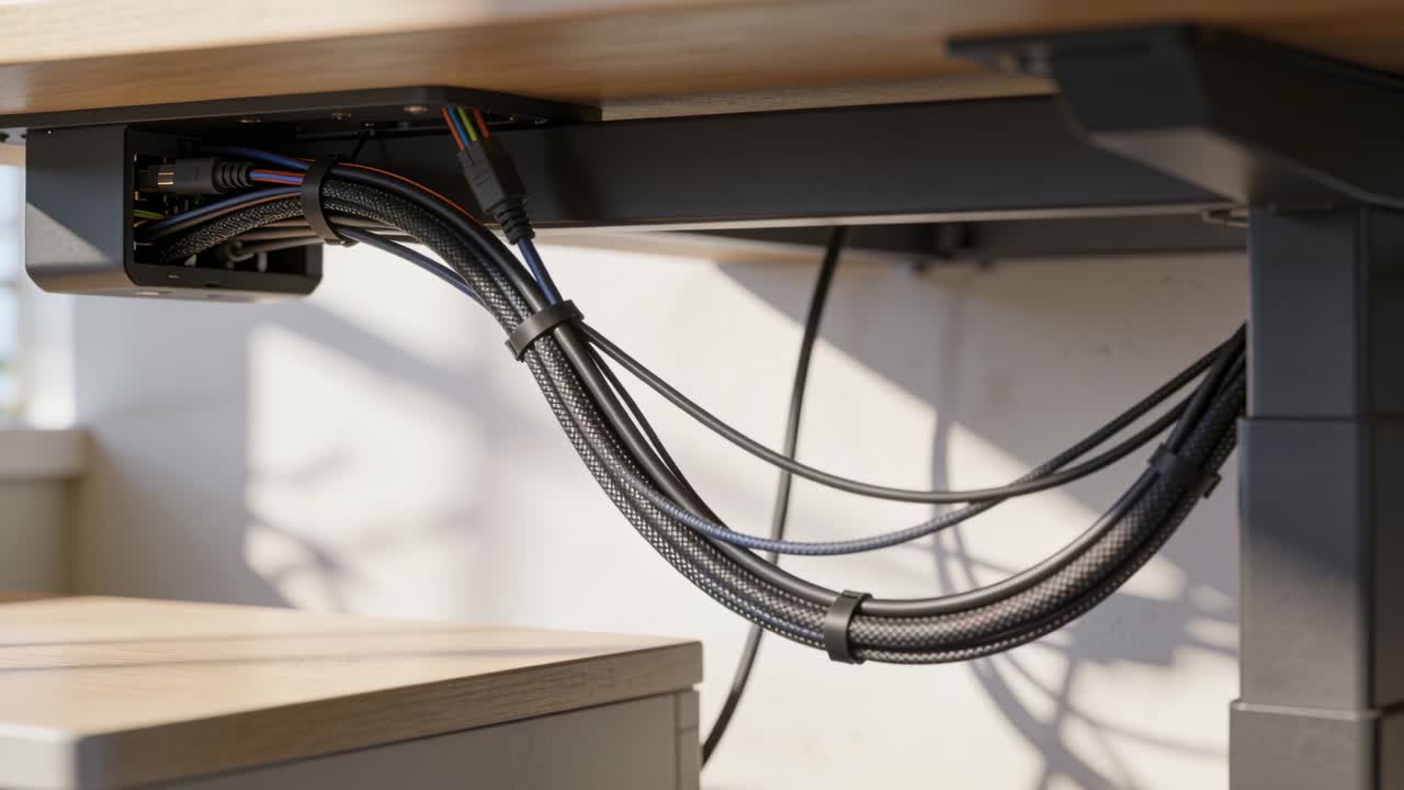 Playback starting with braided cable bundle staying routed under desk, showing cable management