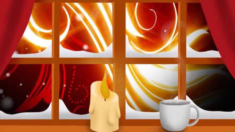 Digitale-Animation-Von-Kerze,-Kaffeetasse-Und-Holzfensterrahmen