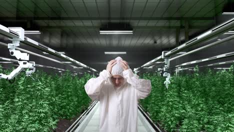 asian marijuana researcher having a headache while standing in the marijuana greenhouse with smart robotic farmers