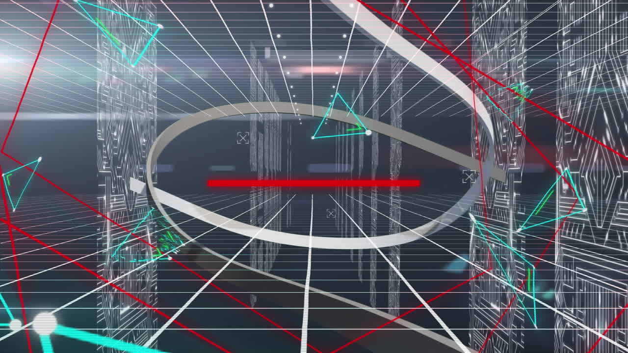 Animation of data processing and shapes on blue background