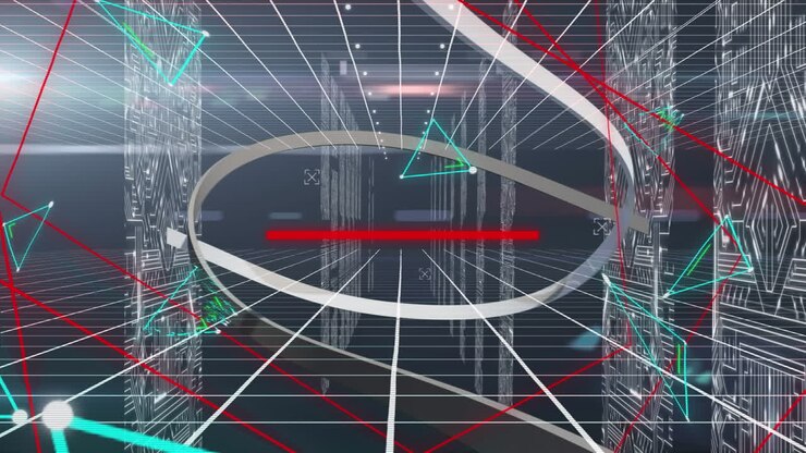 Animation of data processing and shapes on blue background