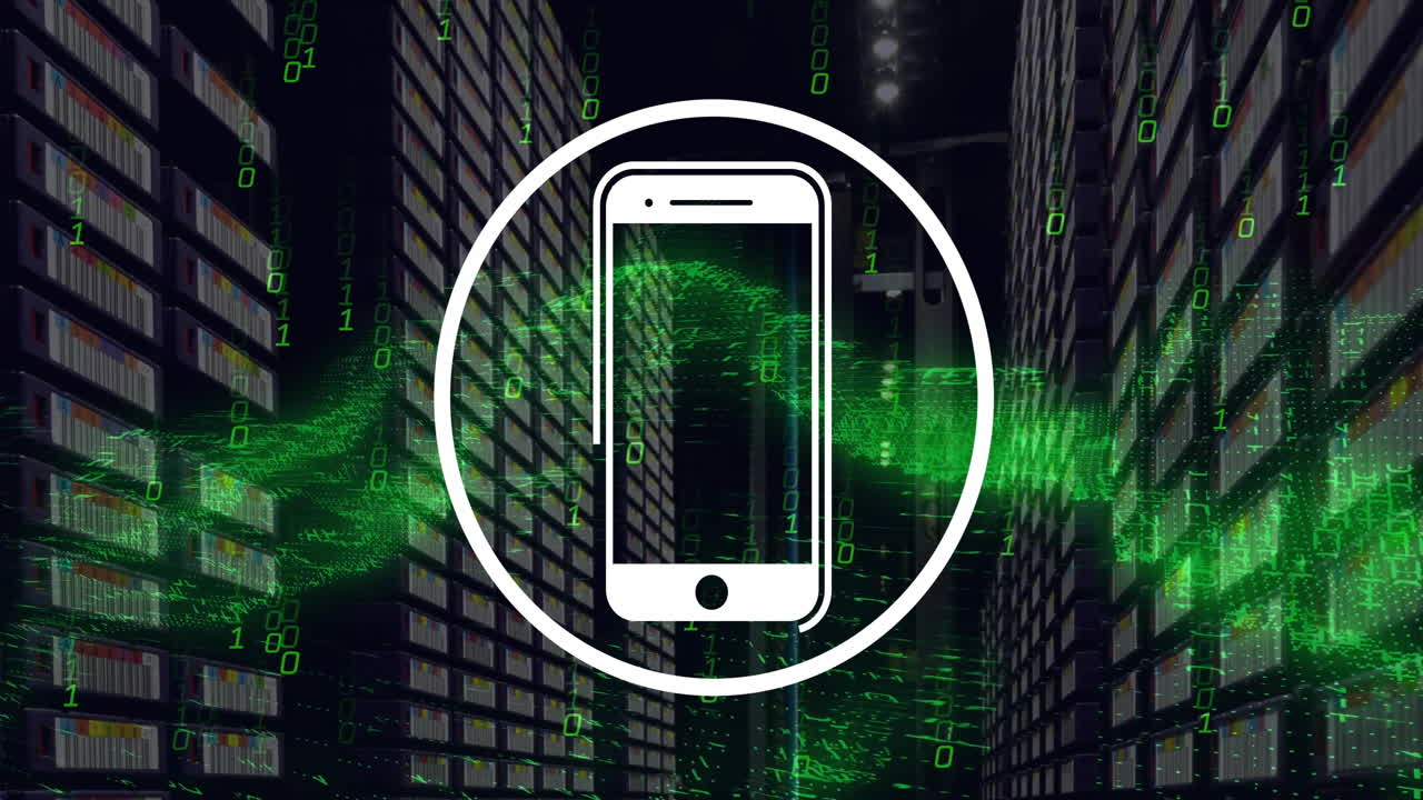Animation of smartphone icon and digital data processing over computer servers